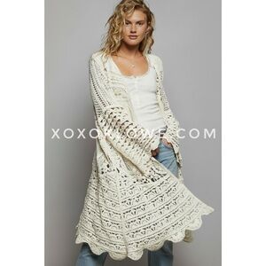 POL Cream Crochet Maxi Cardigan